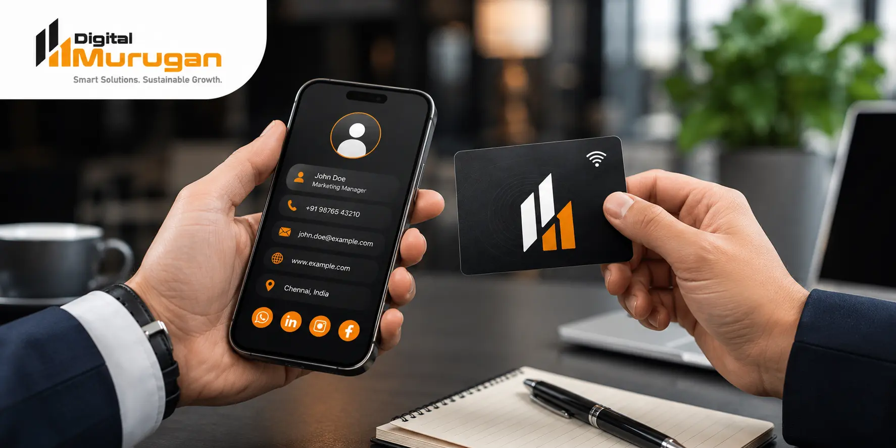 Professionals sharing a digital business card using a smartphone