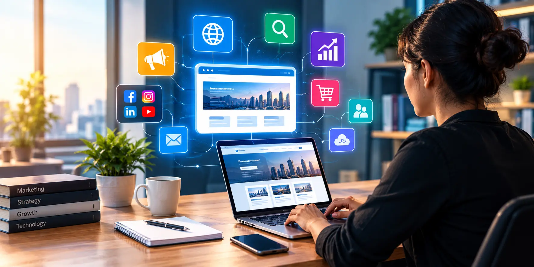 Professional working on a laptop while building a digital business presence