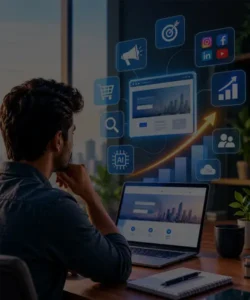 Person building a digital business using a laptop and online technology