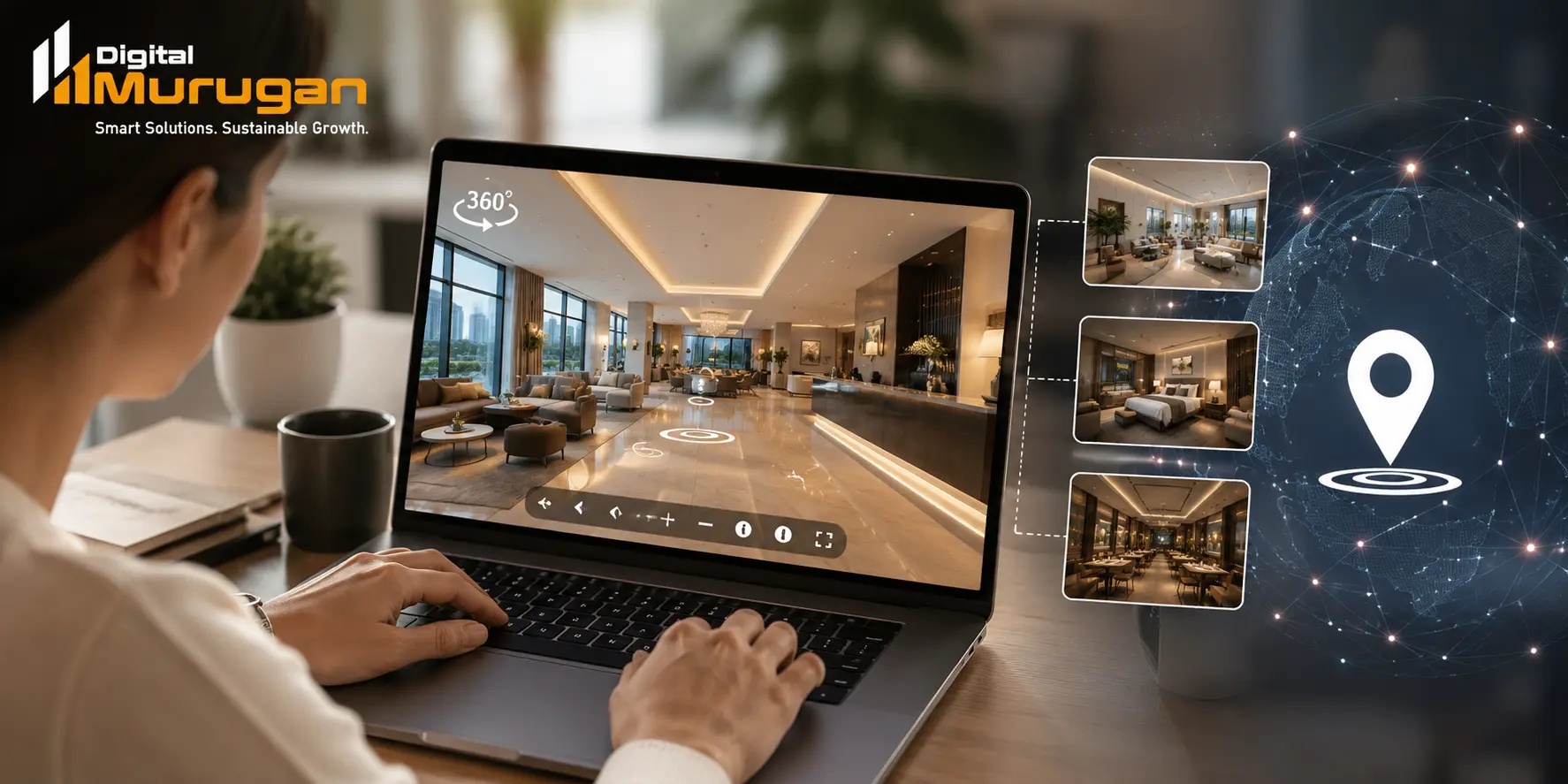 Person exploring a business through a Google 360 virtual tour on a laptop