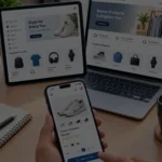 Responsive e-commerce shopping experience displayed across a smartphone, tablet, and laptop