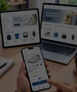 Responsive e-commerce shopping experience displayed across a smartphone, tablet, and laptop
