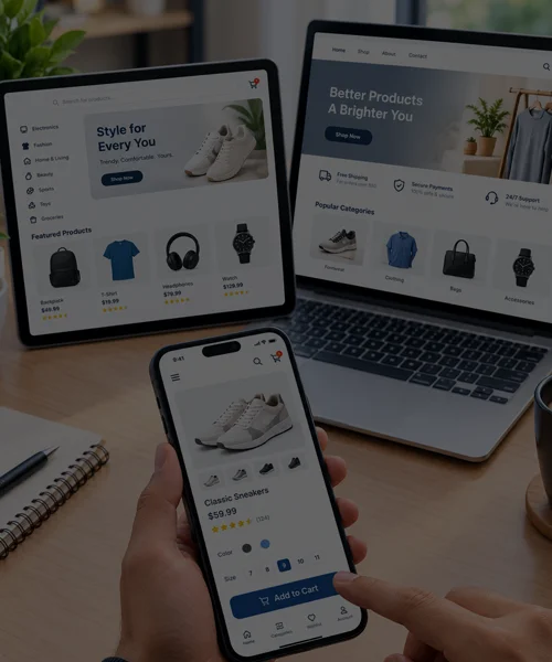 Responsive e-commerce shopping experience displayed across a smartphone, tablet, and laptop
