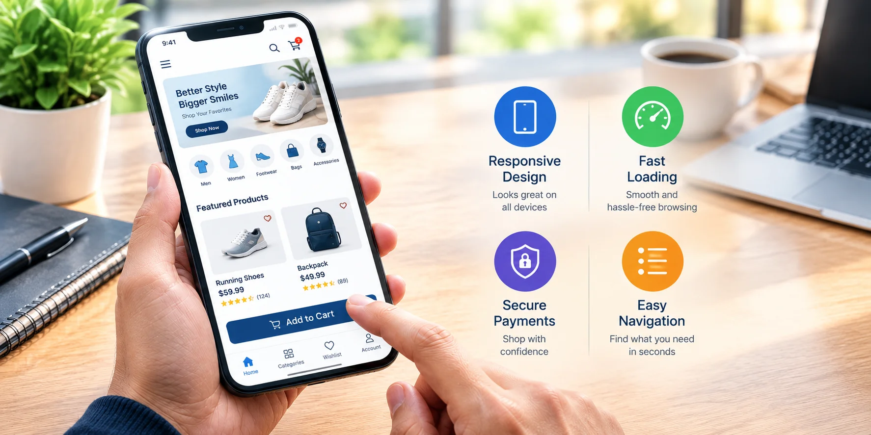 Mobile-friendly e-commerce shopping interface showing responsive design, fast loading, secure payments, and easy navigation
