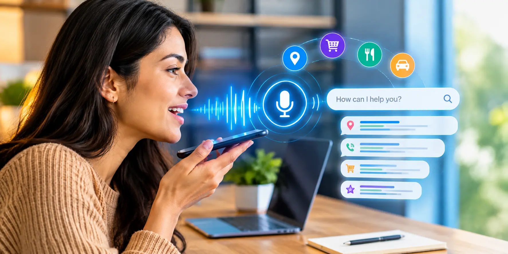 Woman using voice search with conversational SEO interface
