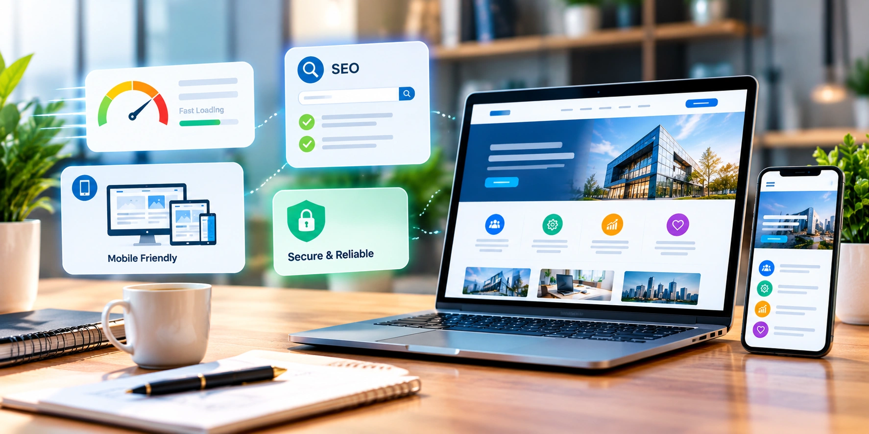 Website performance optimization shown on laptop and smartphone
