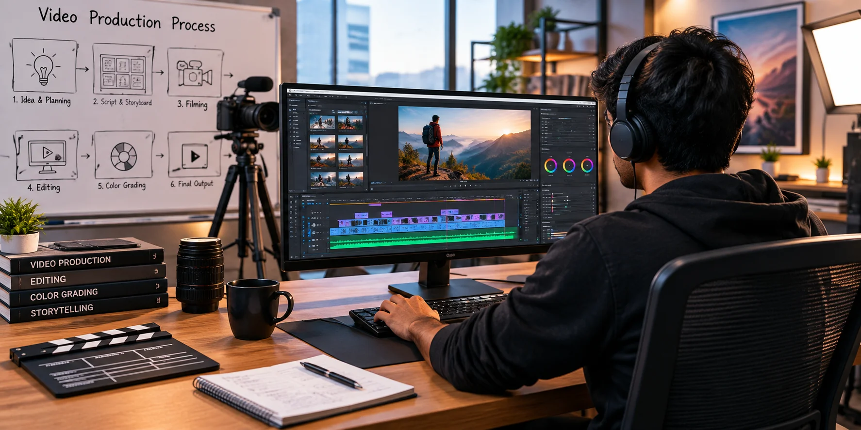 AI video production process shown through professional video editing and production workflow