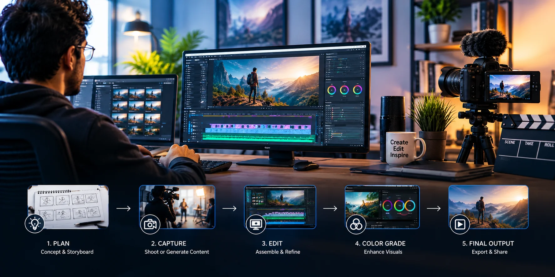 Professional AI video production workflow from planning and content generation to editing, color grading, and final output