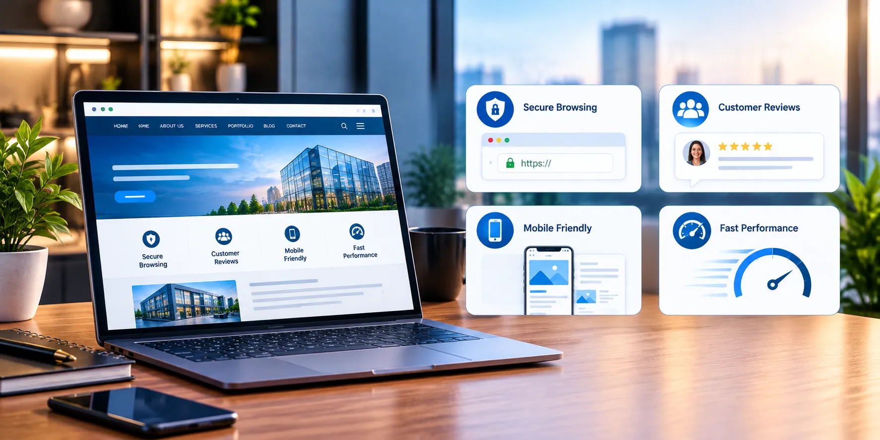 Professional business website showcasing secure browsing, customer reviews, mobile-friendly design, and fast performance
