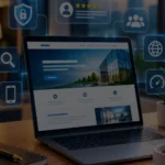 Professional laptop displaying a modern business website with security, customer reviews, mobile usability, and performance features