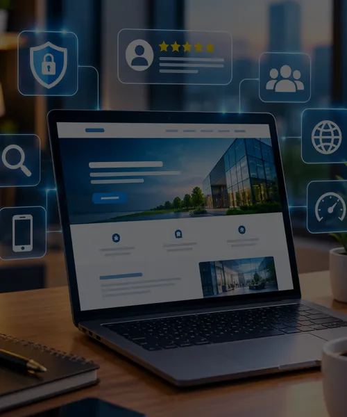 Professional laptop displaying a modern business website with security, customer reviews, mobile usability, and performance features