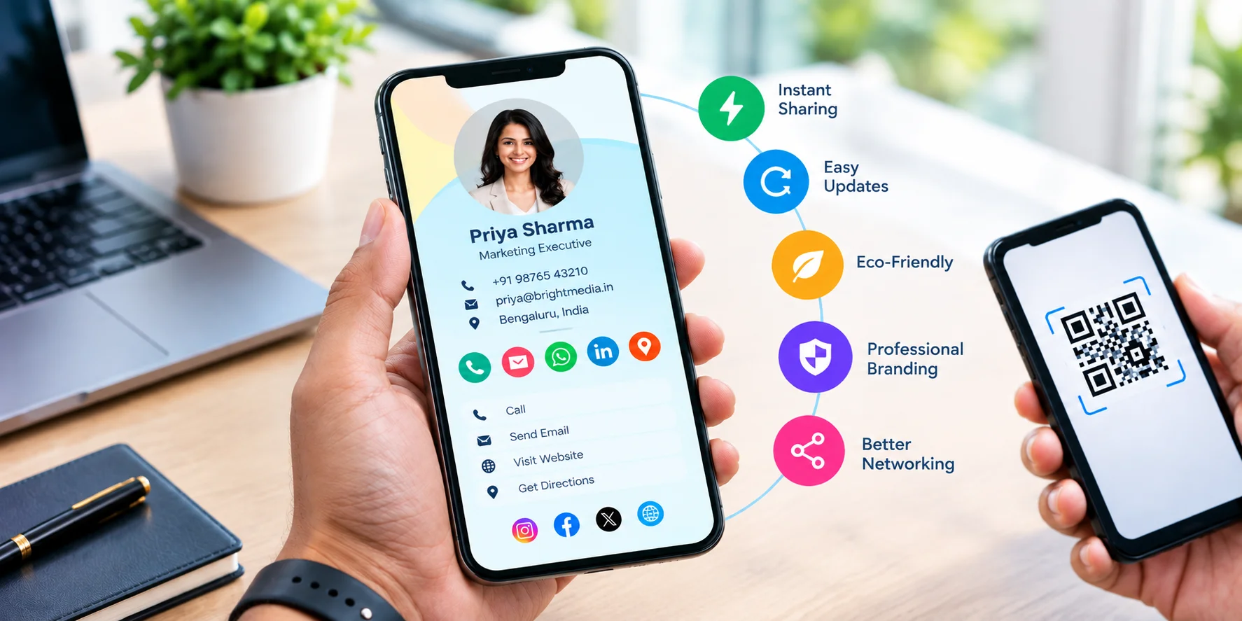 Digital business card on a smartphone showing easy sharing, updates, and professional networking