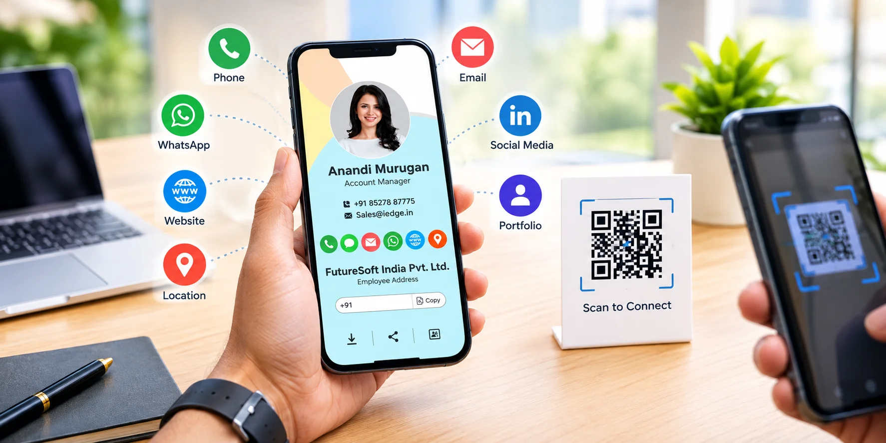 Smartphone displaying a digital business card with QR code contact sharing