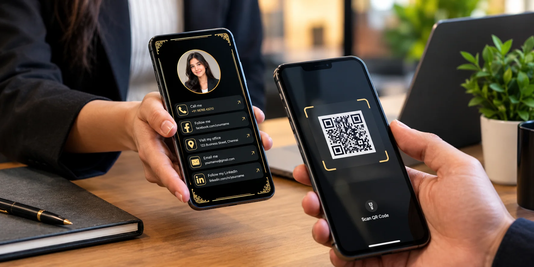 Professionals sharing a digital business card using a QR code on smartphones