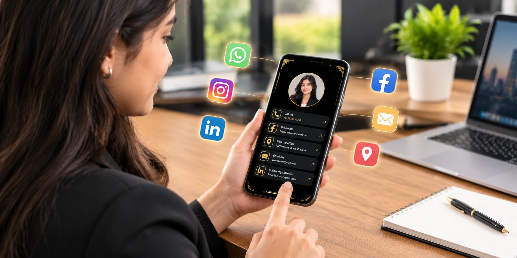 Digital business card on a smartphone with social media and contact options