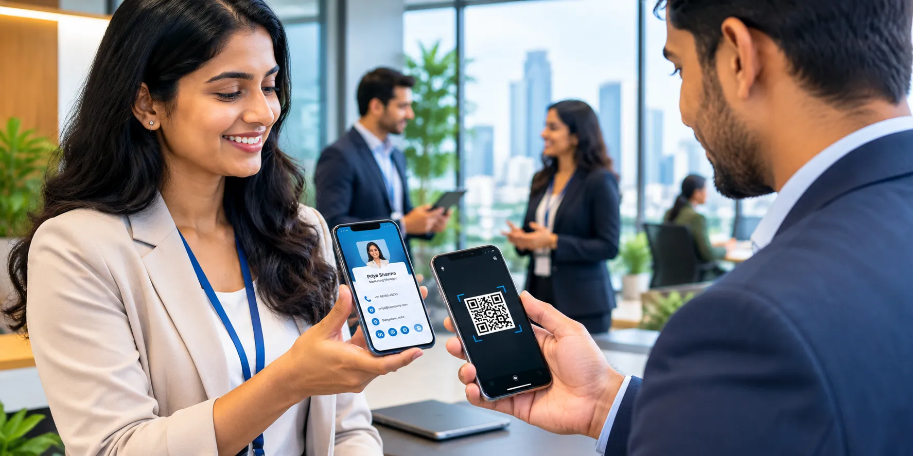 Business professionals exchanging digital business cards using smartphones in a modern office.