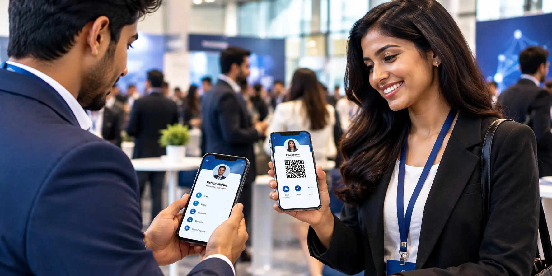 Two professionals exchanging digital business cards using smartphones at a networking event.