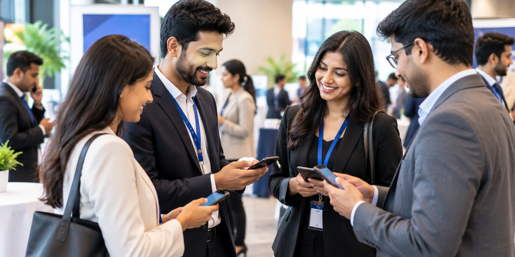 Business professionals networking at a conference and sharing information using smartphones.