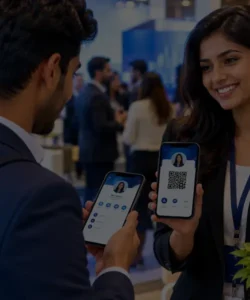 Professionals exchanging digital business cards on smartphones at a networking event.
