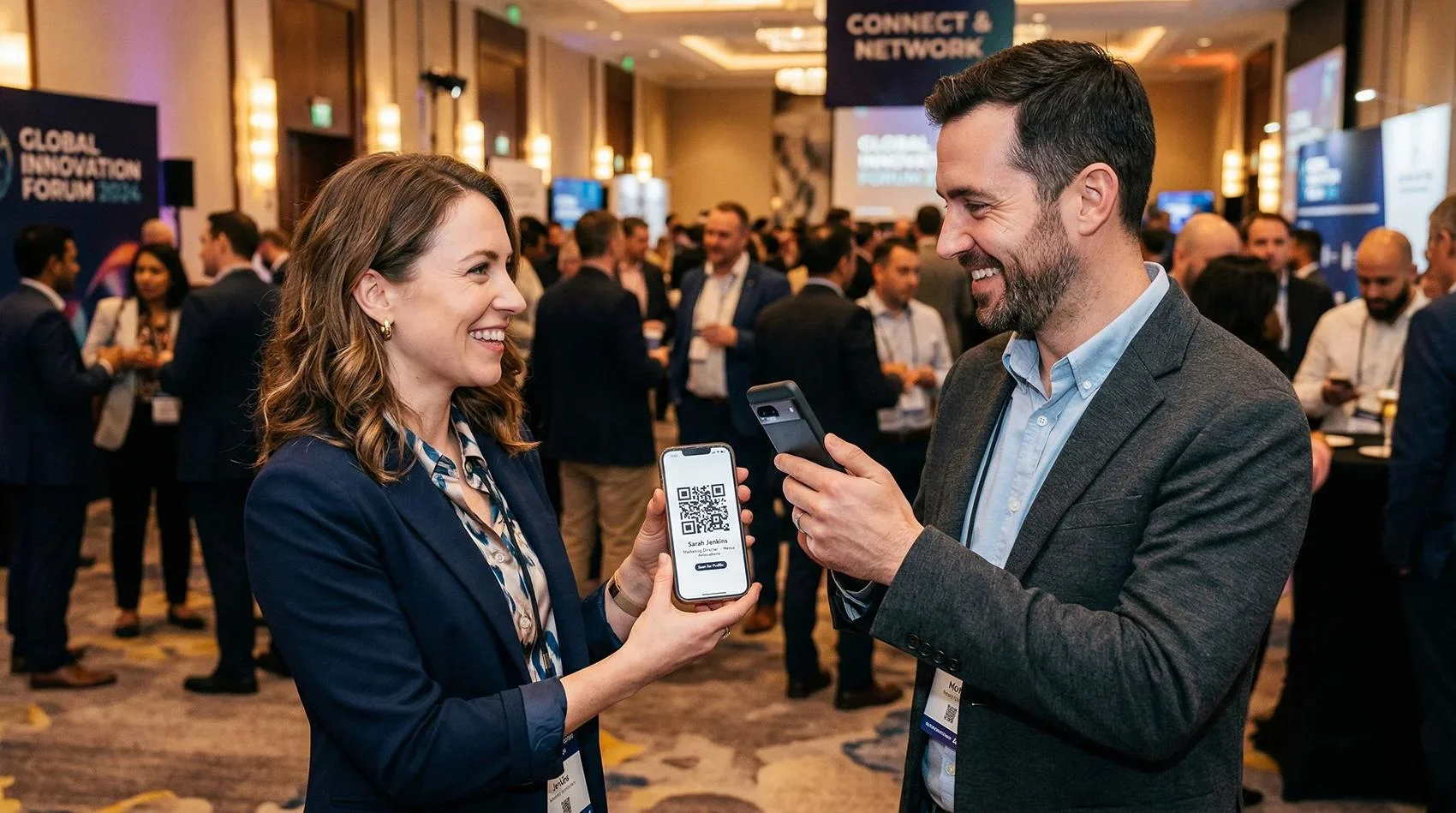 Two professionals exchanging digital business cards using smartphones at a networking event.
