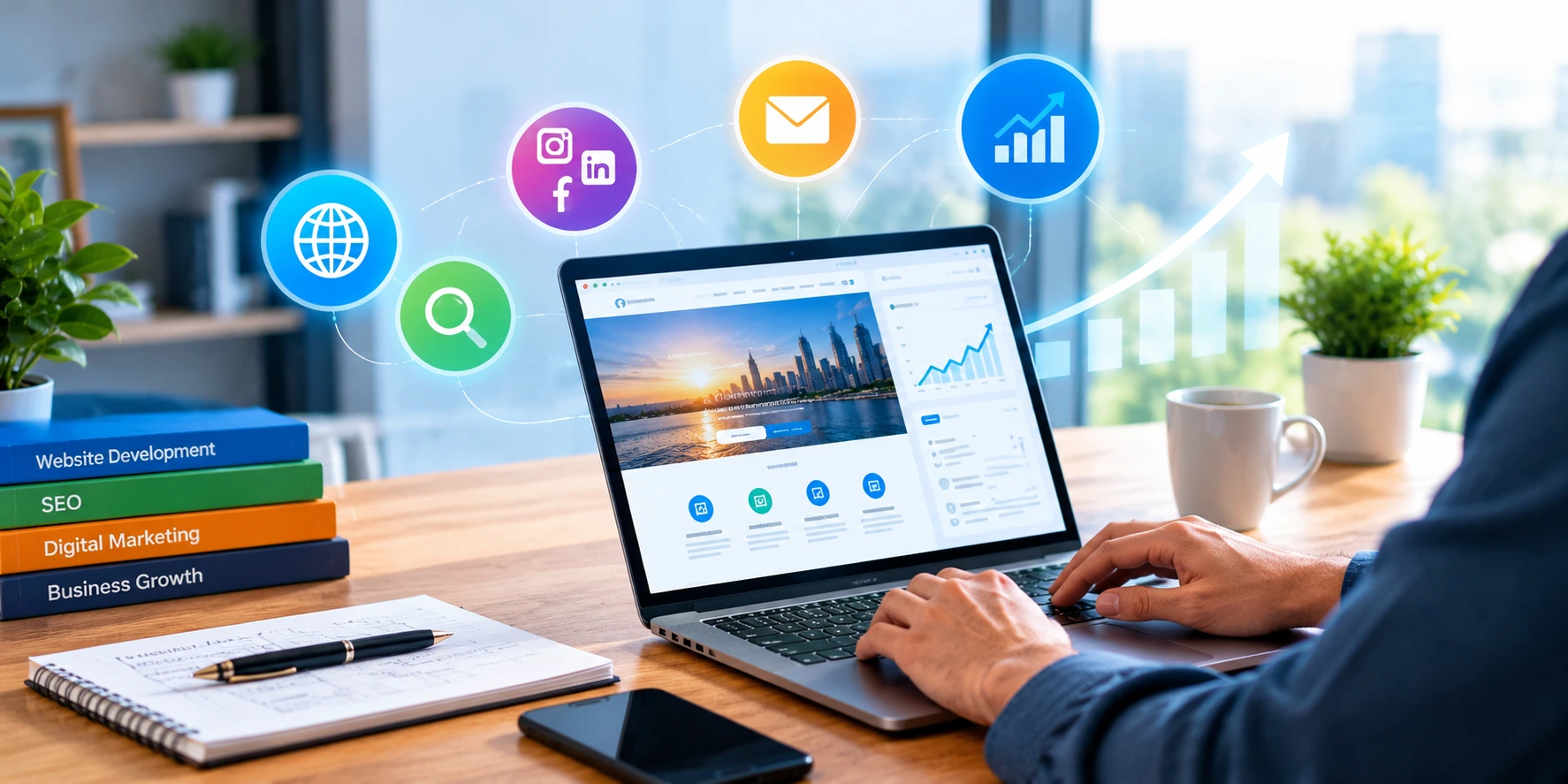 Professional working on a laptop displaying a business website and analytics dashboard in a modern workspace.