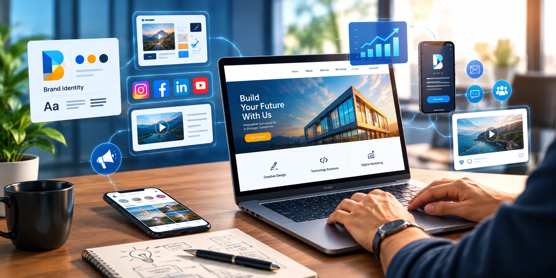 Digital branding and customer experience illustrated through a business website, brand identity, social media, and online marketing tools.