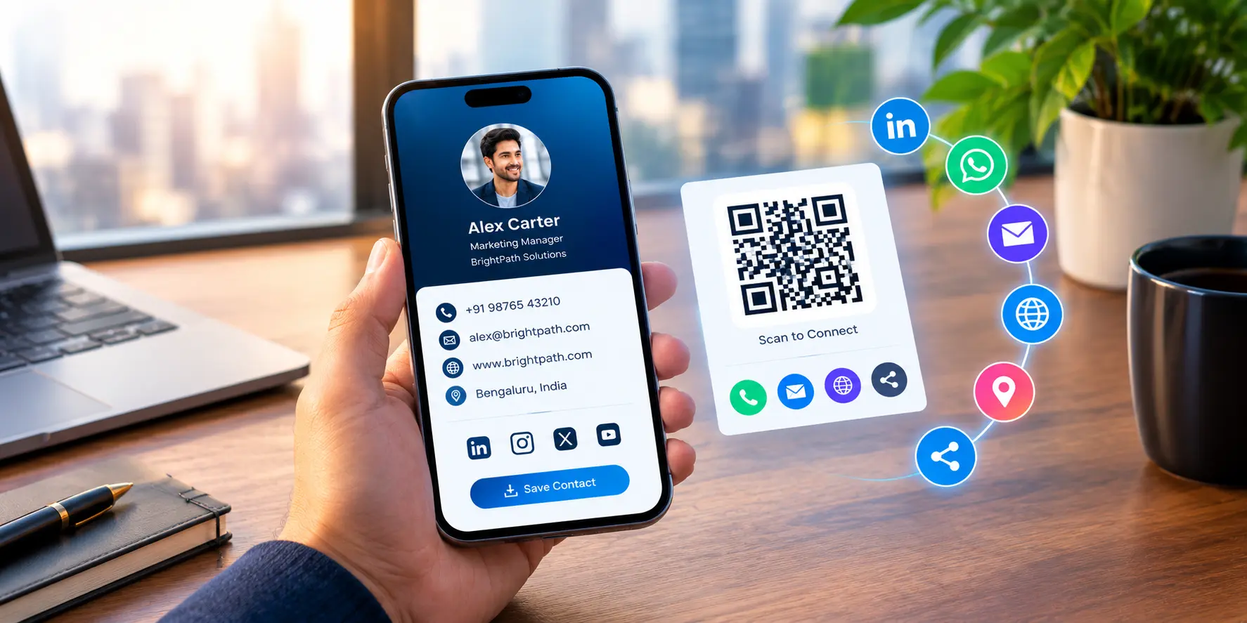 martphone displaying a professional digital business card with contact information, social media links, and a QR code for easy networking.