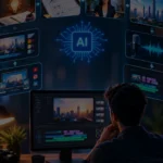 AI video production workflow showing planning, visual creation, voiceover, editing, and video publishing