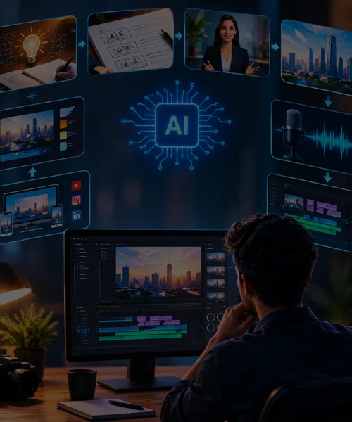 AI video production workflow showing planning, visual creation, voiceover, editing, and video publishing