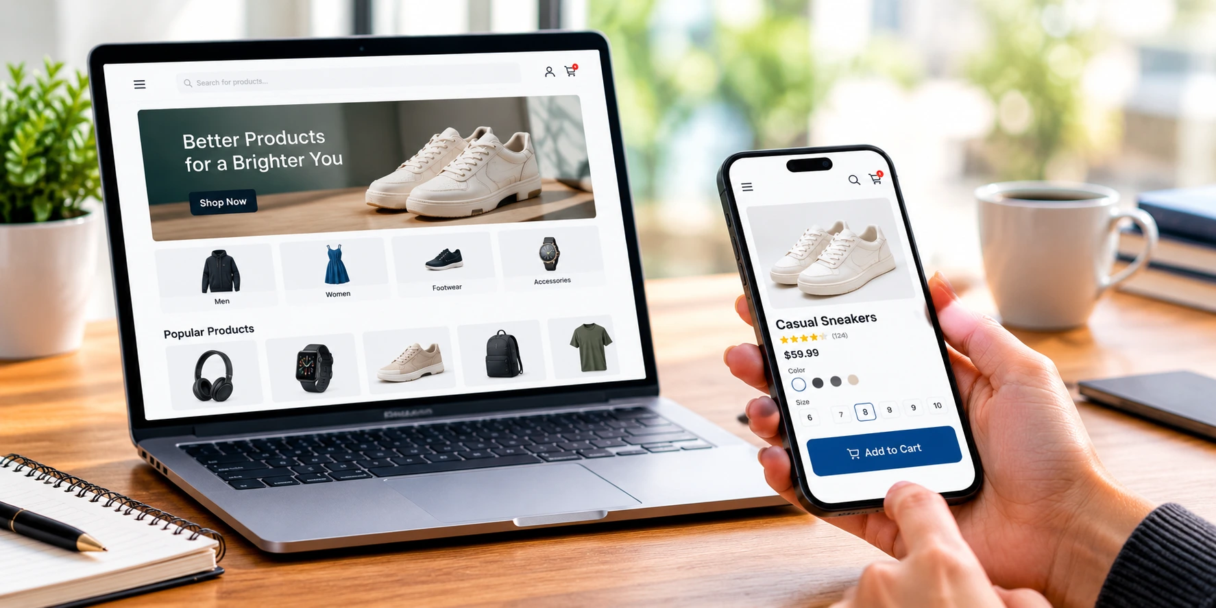 Responsive e-commerce website displayed on a laptop and smartphone for convenient online shopping.