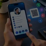 Professional digital business card displayed on a smartphone with contact details, social media icons, and a QR code.
