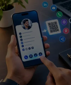 Professional digital business card displayed on a smartphone with contact details, social media icons, and a QR code.