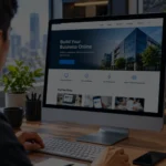 Professional business website displayed on a desktop computer in a modern workspace.