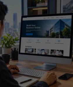 Professional business website displayed on a desktop computer in a modern workspace.