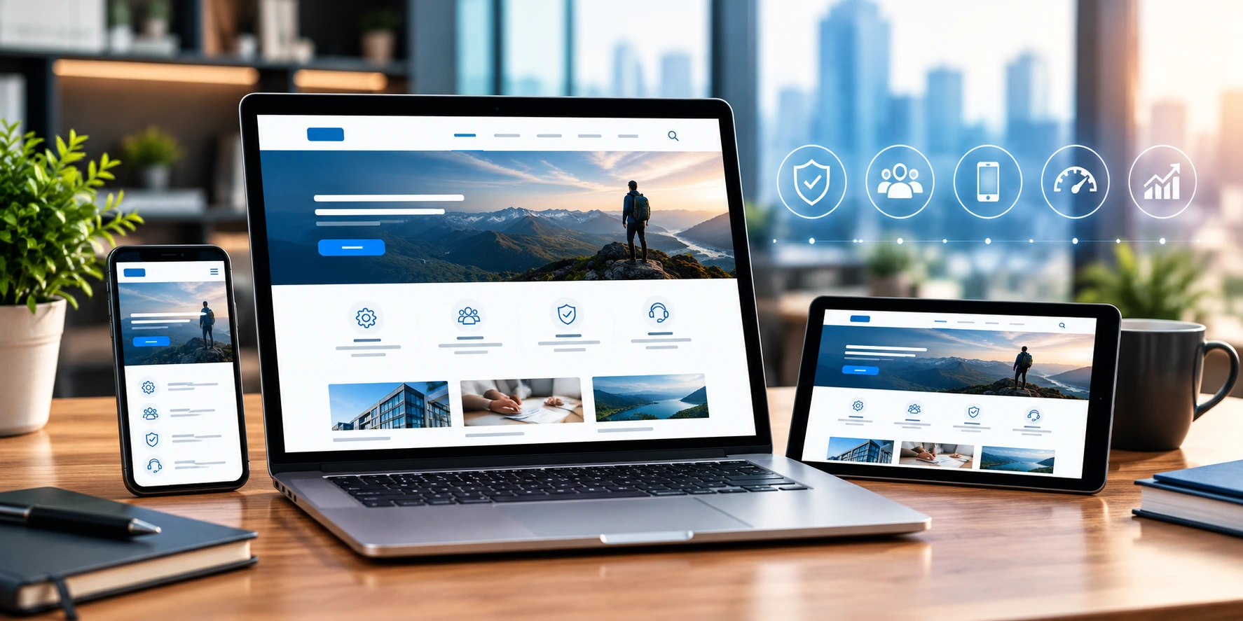 Responsive business website displayed across a laptop, smartphone, and tablet in a modern office.