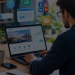 Business professional working on a laptop with website analytics and digital marketing tools in a modern office.
