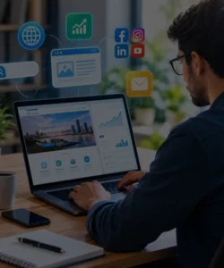 Business professional working on a laptop with website analytics and digital marketing tools in a modern office.