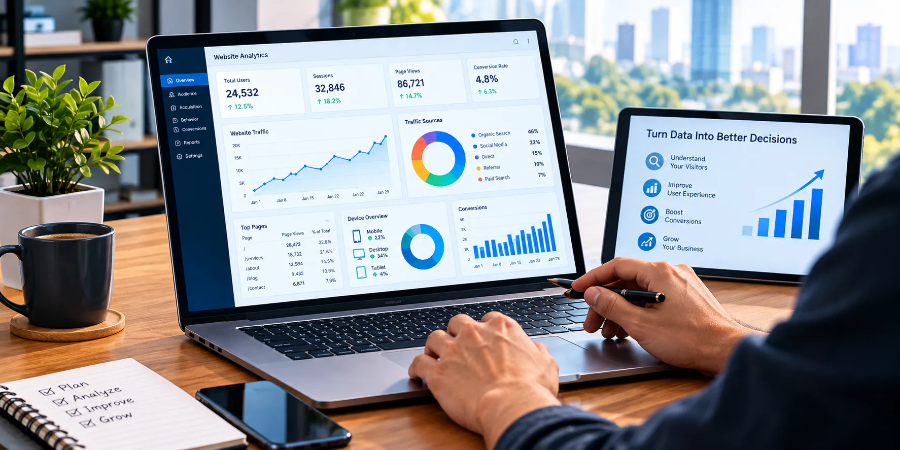 Business professional analyzing website traffic, visitor data, and conversion charts on a laptop.