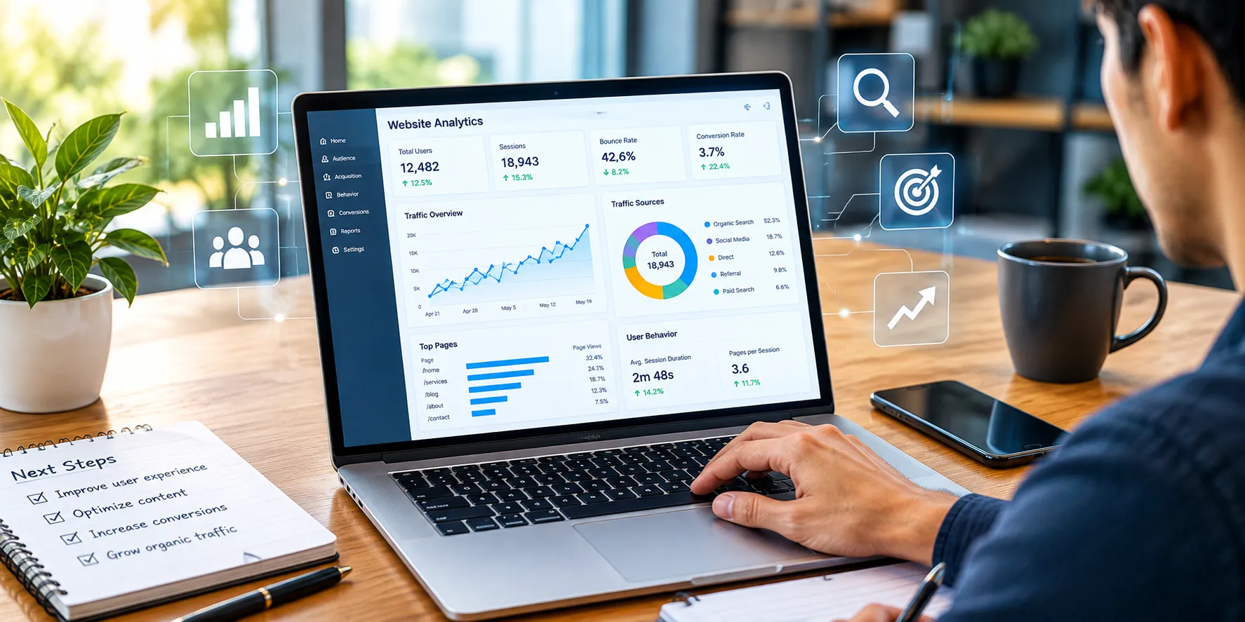 Professional analyzing website analytics dashboards, visitor traffic, user engagement, and conversion performance on a laptop.