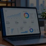 Laptop displaying website traffic analytics, visitor statistics, and marketing performance charts in a modern office.