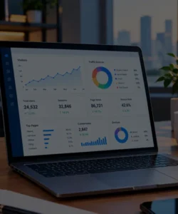 Laptop displaying website traffic analytics, visitor statistics, and marketing performance charts in a modern office.