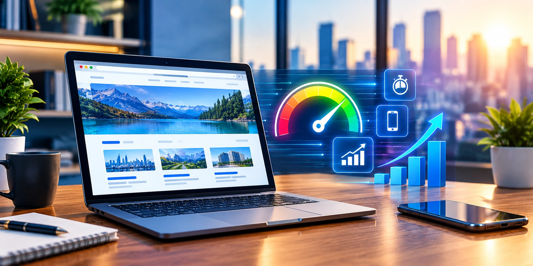 Laptop displaying a website alongside speed indicators, mobile performance icons, and growth analytics in a modern office.