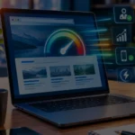 Laptop displaying a website performance dashboard with speed indicators in a modern workspace.