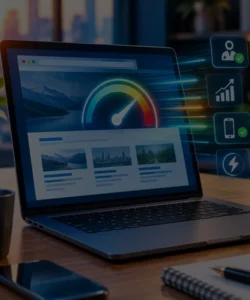 Laptop displaying a website performance dashboard with speed indicators in a modern workspace.
